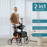 ELENKER 2 in 1 Rollator Walker & Transport Chair, Folding Wheelchair with 10” Non-Slip Wheels for Seniors, Reversible Backrest & Detachable Footrests, Orange