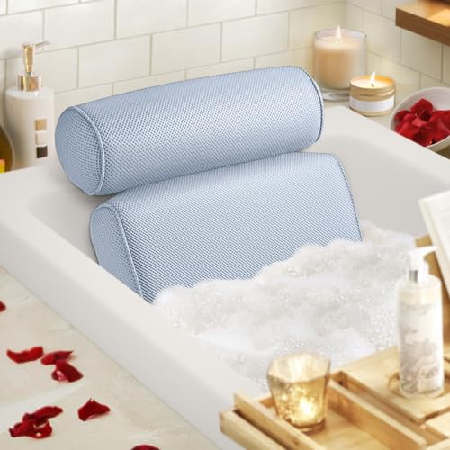 LuxStep Bath Pillow Bathtub Pillow with 6 Non-Slip Suction Cups for Head,Neck and Back Support, Extra Thick and Soft Air Mesh Spa Pillow for Bath - Fits All Bathtub, 15.35x14.56 Inch,Blue