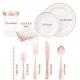 SIRSIMON 250 Piece Disposable Rose Gold Plastic Dinnerware Set - 50 Rose Gold Plastic Plates - 25 Rose Gold Plastic Silverware - 25 RoseGold Cups and Straws - 50 Fancy Napkins, Wedding or Party of 25