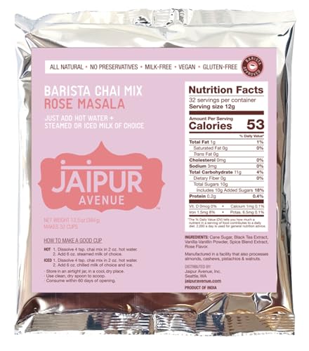 Jaipur Avenue Barista Chai Mix - Rose Masala (without Milk), 13.5 oz, Makes 32 Cups, Vegan, Gluten-Free, Dairy-Free, Preservative-Free