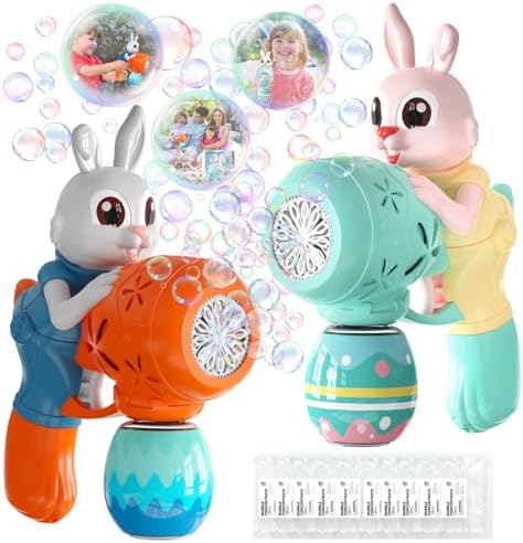 Bubble Guns for Toddlers,2pcs Rabbit Bubble Machine for Kids,Automatic Bubble Blower with 10 Bubble Solutions,Outdoor Toys Easter Baskets Stuffers Gift for Age 3 4 5 6 7 8 Years Old Boys Girls