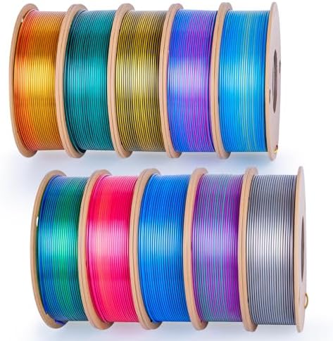 3D Printer Filament Bundle Silk PLA Filament 1.75mm Pack 3D Printing Filament Pack Silk PLA 3D Printer Filament Fit Most FDM Printers, 250g X 10 Spools, Totally 2.5KG