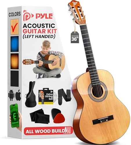 Pyle Left Handed Beginner Acoustic Guitar Kit, 3/4 Junior Size All Wood Instrument for Kids, Adults, 36" Natural Gloss
