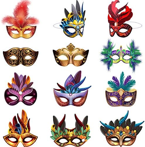 Blulu 24 Pcs Mardi Gras Masks Carnival Parade Faux Feather Face Masks Masquerade Party New Orleans Fantasy for Women Man Costume Party Favors