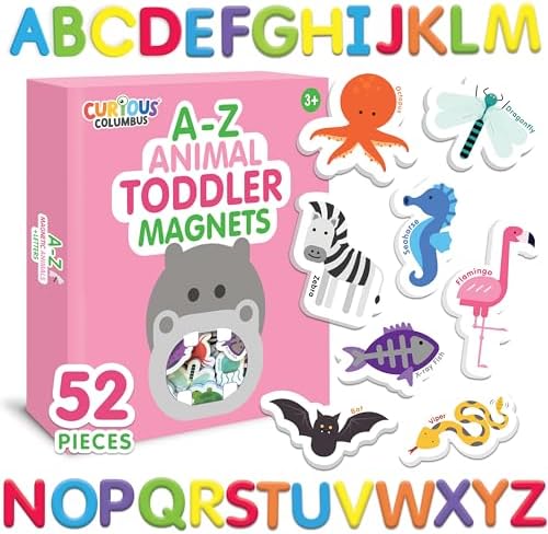 Curious Columbus Animal Toddler Magnets for Refrigerator - 52 Fridge Magnets for Toddlers Play with Magnetic Letters - Foam ABC Magnetic Learning Set for Alphabet Learning