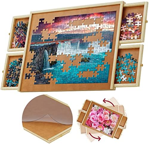 1000 Piece Wooden Jigsaw Puzzle Board - 4 Drawers, Rotating Puzzle Table | 30” X 22” Jigsaw Puzzle Table | Puzzle Cover Included - Portable Puzzle Tables for Adults and Kids by Beyond Innoventions