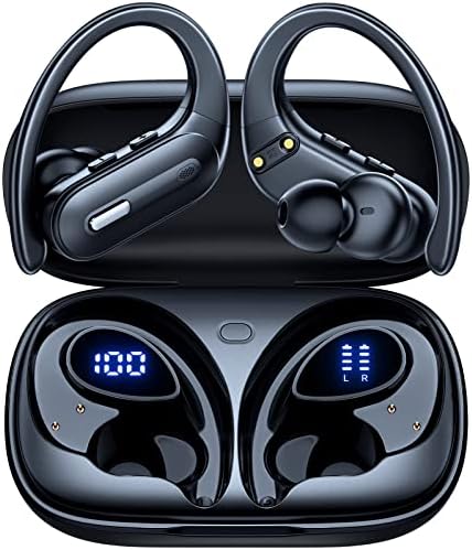 Wireless Earbuds Bluetooth 5.3 Headphones 90 Hrs Playtime Earbuds with Wireless Charging Case Power Display Over-Ear Earphones with Earhooks Waterproof Stereo Headset for Android Phone Workout Black