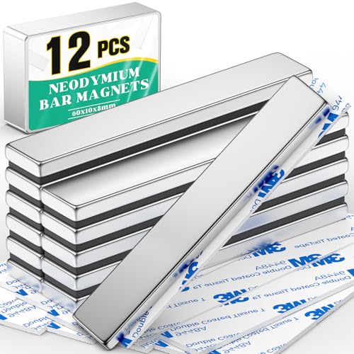 12 Pcs Bar Magnets, 60x10x3mm Thin Magnet Bar, Rectangle Magnets, Magnetic Bars Strip, Double Sided Magnet with Adhesive Backing for Fridge, Whiteboard, Garage,Science