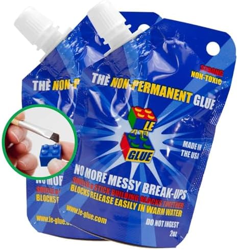 Le Glue Temporary Glue 2 Pack - Compatible with Legos - Non-Permanent Clear Adhesive for Plastic Building Blocks - No Messy Break-Ups - Non-Toxic Formula Created for Kids, by a Kid