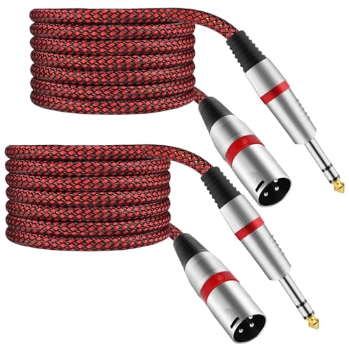 XLR Male to 1/4" TRS Cable Balanced - 3.3FT Quarter Inch Stereo to XLR Microphone Cord Adapter, Nylon Braided, OFC Shielded, Red Color, for Mixer, Monitor Speaker, Audio Interface, 2Pack
