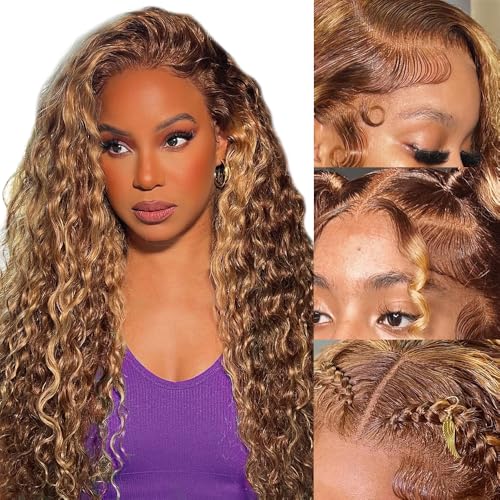 30inch Highlight 13x4 Transparent HD Lace Front Wig Wet and Wavy Human Hair Ombre Honey Blonde Water Wave Curly Lace Frontal Wigs for Women Pre Plucked with Baby Hair 200% Density P4/27 Color