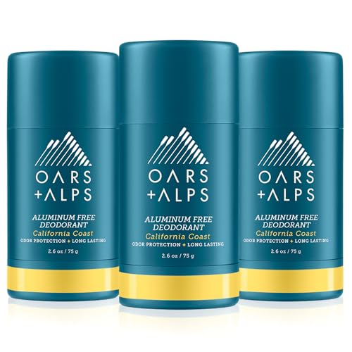 Oars + Alps Aluminum Free Deodorant for Men and Women, Dermatologist Tested and Made with Clean Ingredients, California Coast, 3 Pack, 2.6 Oz Each
