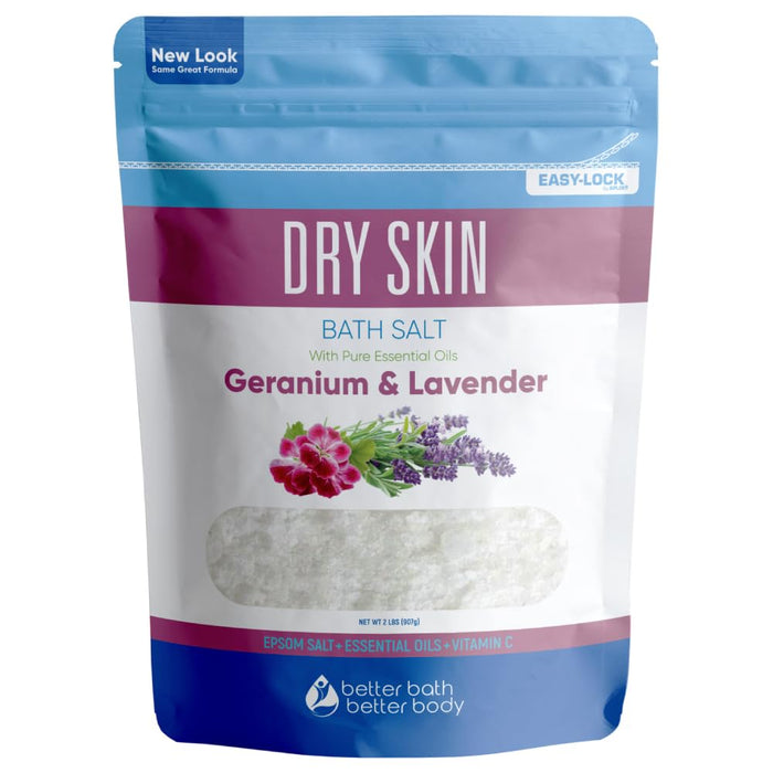 Dry Skin Bath Salt 32 Ounces (2 Lbs) Epsom Salt with Natural Geranium and Lavender Essential Oils Plus Vitamin C in BPA Free Pouch with Easy Press Lock Seal Made in USA
