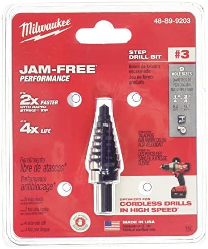 Milwaukee Electric Tool 48-89-9203 Step Drill Bit, 1/4-3/4 Hole ", 3, 9 Hole Steps, 1/16" D Step, 2 Flutes, 3/8" 3-Flat Shank