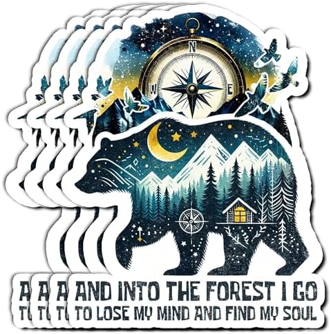 Pack 4PCS Into The Forest I Go to Lose My Mind and Find My Soul Stickers Bear Adventure Waterproof Vinyl Decals Decor Latop Water Bottle Luggage Car Truck Bumper Gift for Camper Nature Lover