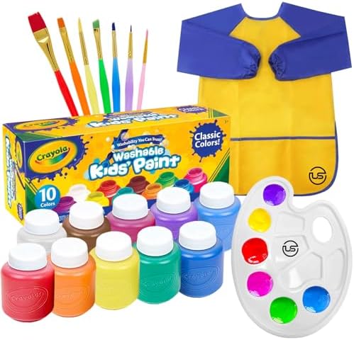Kids Painting Set, Washable Paint for Kids 10 Colors, 7 Paintbrushes, Paint Palette, Painting Smock, Non Toxic Tempera Paints 2 oz Each,Paints for Toddlers Art, Crafts