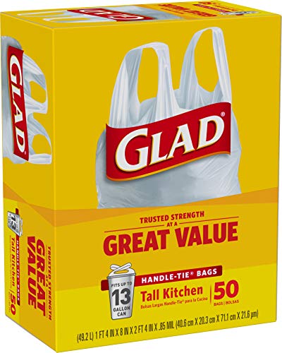 Glad Trash Bags, Tall Kitchen Handle-Tie Garbage Bags - 13 Gallon White Trash Bag - 50 Count (Package May Vary)