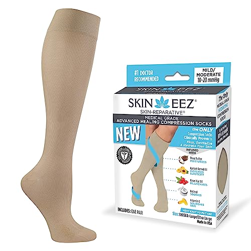 Skineez Compression Socks, Medical Grade, Advanced Healing Compression Socks 10-20mmHg, Clinically Proven to Firm, Moisturize, and Revitalize Skin, Foot Arch, Heel, and Nerve Pain Relief, Tan, Large/ X-Large, 1 Pair