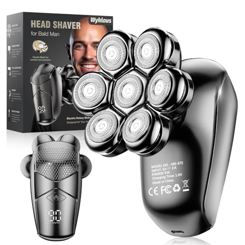 Head Shavers for Bald Men, Wyklaus Detachable Head Shavers 5-in-1 Electric Razor IPX7 Waterproof Dry Wet Shaving for Men Women,7D Rotary Shaver Grooming Kit with LED Display, USB Rechargeable