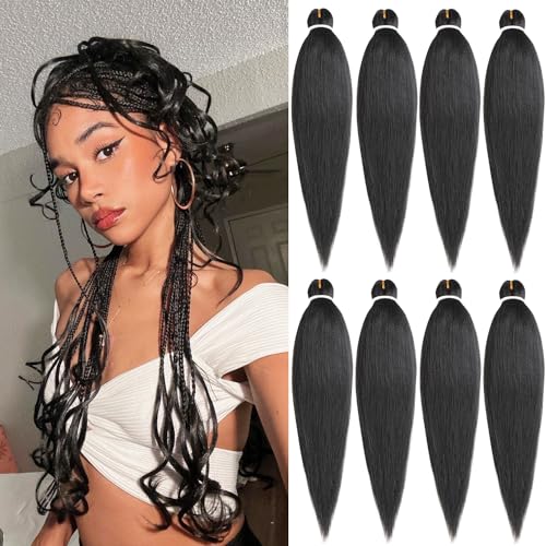 Leeven Black Pre Stretched Braiding Hair 16 Inch 8 Packs Black Pre Stretched Braiding Professional Synthetic Prestretched Crochet Braids Hair Extension Itch Free Hot Water Setting Yaki Texture (1B#)