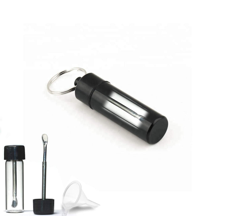 ASIO Glass Vial with Snuff Spoon in Waterproof Aluminum Pill Case | Small Glass Bottle with Mini Funnel in Keychain Pill Holder for Outdoor Travel (Black)