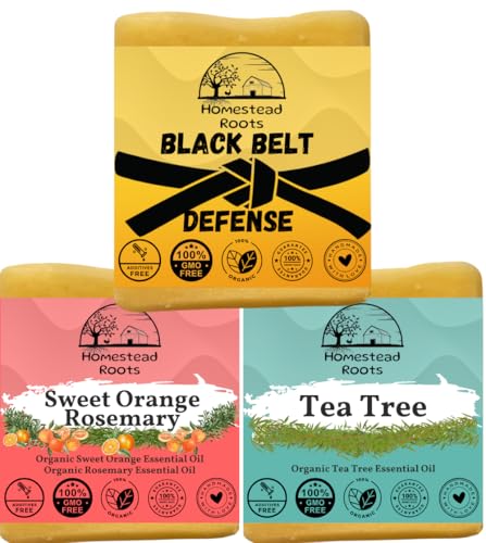 Sample Pack- Sweet Orange/Rosemary - Black Belt Defense - Tea Tree - Grass-Fed Beef Tallow and Organic Oils - Scented with Organic Essential Oils - Artisanal Bar Soap - 3 Pack - Each Bar Unique-