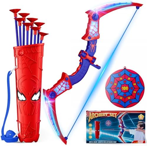 Spider Toys for Boys Age 3-4 4-6 6-8 8-12, Kids Toy BowArrow Shooting Set with Red & Blue LED Lights, Spider Quiver & Web Target, 8 Suction Cup Arrows, Toys Gifts for 3 4 5 6 7 8 9 10 12 Year Old Boys