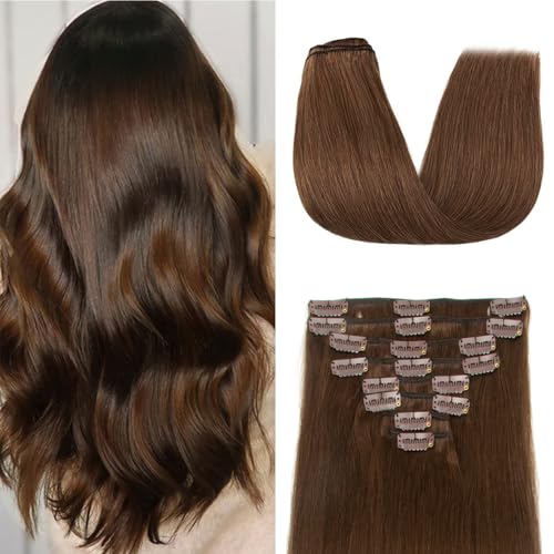 Clip in Hair Extensions Real Human Hair Clip ins Human Hair Extensions for Women Invisible Natural Straight Seamless Clip on Hair Extensions 8pcs Double Weft 2.8oz/70g (#4 Medium Brown, 18 Inch)