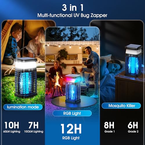 Bug Zapper Outdoor Indoor Mosquito Zapper Solar Fly Zapper Rechargeable Electric Mosquito Killer IP68 Waterproof Insect Fly Trap Plug in with RGB Light & Reading Lamp for Patio Camping Home Backyard