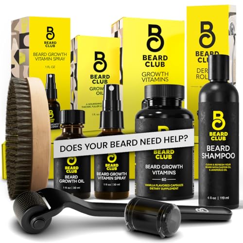 Beard Club Advanced Beard Growth Kit - Derma Roller, Beard Growth Oil, Beard Growth Vitamins and Beard Growth Vitamin Spray, Beard Shampoo and Beard Brush - Gift Set - Cedar