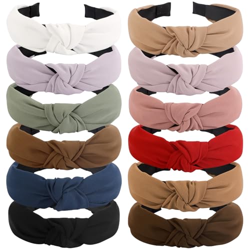 VELSCRUN 12 Pack Headbands for Women Gilrs White Fashion Pink Knotted Head Bands Solid Red Headband Non Slip Hair Band for Women's Thin Thick Short Hair Face Wash Hair Accessories Gifts for Women