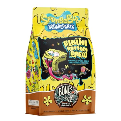 Bones Coffee Company Spongebob Bikini Bottom Brew Flavored Coffee Beans, Whole Bean Coffee Medium Roast Low Acid, Chocolate Souffle Flavor (12 oz)