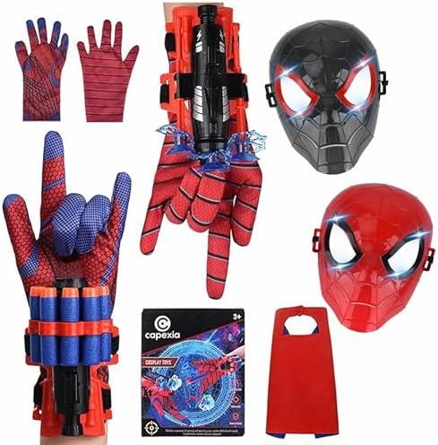 Superhero Web-Slinging Toy Set – Includes 2 Web Shooters, 2 Hero Masks, 2 Gloves, and 1 Cape – Ideal for Indoor and Outdoor Costume Role-Playing, Imaginative Play for Kids Ages 3+