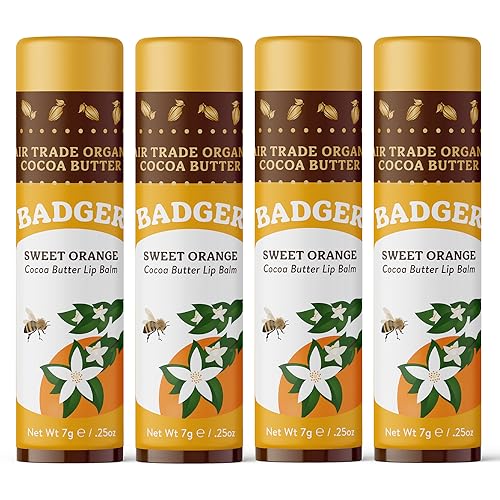 Badger - Cocoa Butter Lip Balm, Sweet Orange, Certified Organic Lip Balm, Fair Trade, Lip Butter, Lip Balm Cocoa Butter, Cocoa Care Lip Balm, 0.25 oz (4 Pack)