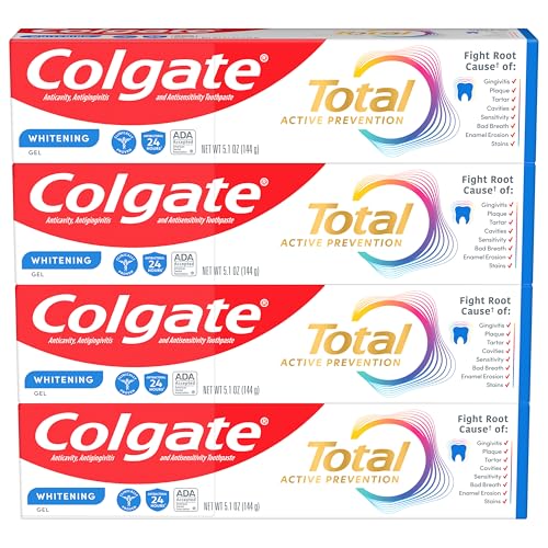 Colgate Total Whitening Toothpaste Gel, 10 Benefits, No Trade-Offs, Freshens Breath, Whitens Teeth and Provides Sensitivity Relief, Mint Flavor, 4 Pack, 5.1 Oz Tubes