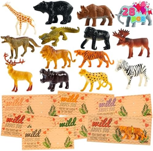 JOYIN 28Pack Gifts Cards with Zoo Animals Figures for Boys Girls, Greeting Cards for Classroom Exchange, Kids Party Favors School Game Prize Toys