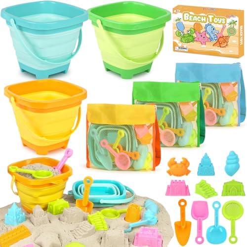 Dreamon Beach Toys for Kids 3-10, Collapsible Sand Toys Include 3 Pack Foldable Buckets with Mesh Bag, 24 PCS Beach Mold and Shovels Molds, Travel Sandbox Beach Toys for Toddler