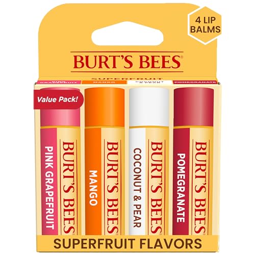 Burt's Bees Lip Balm Valentines Day Gifts, Pink Grapefruit, Mango, Coconut and Pear, and Pomegranate Pack, Lip Moisturizer With Responsibly Sourced Beeswax, Tint-Free, Natural Conditioning Lip Treatment, 4 Tubes, 0.15 oz.