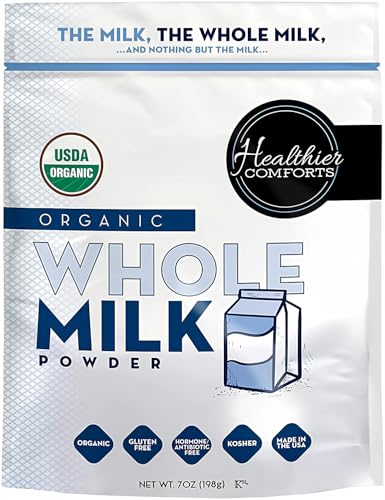 Healthier Comforts Organic Whole Milk Powder | Certified USDA Organic Powdered Milk | Kosher, Gluten Free, Non-GMO Dry Milk Powder Whole Milk | Dried Milk w/ Resealable Packaging, Shelf Stable Milk 7oz