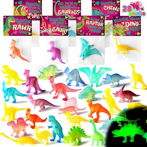 JOYIN 28 Packs Valentines Dinosaur Toys Glow in dark with Greeting Cards for Valentine Kids Party Favor, School Classroom Exchange Prizes for Boys Girls