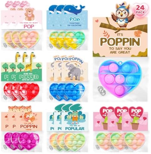 24 Pack Valentines Cards with Heart-shape Keychains, Valentines Day Gifts for Kids, Pop Fidget Toys for Valentines Kids Classroom Exchange, Valentine's Party Favors Prizes for Boys & Girls(8 Styles)