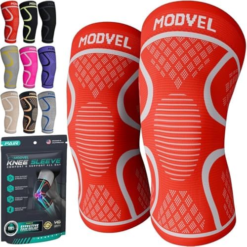 Modvel Compression Knee Brace for Women & Men - 2 Pack Knee Brace for Women Running Knee Pain, Knee Support Sleeve, Workout Sports Braces for Meniscus Tear ACL & Arthritis Pain Relief Orange XX-Large
