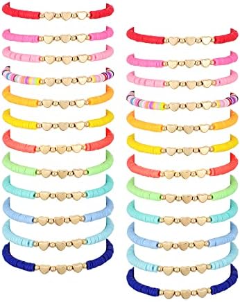 Sureio 24 Pcs Colorful Friendship Heart Bracelets Surfer Stretch Beaded Kids Bracelet for Girls Women Valentine's Day Gifts Tween Girl Party Favors
