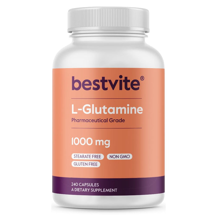 BESTVITE L-Glutamine 1000mg per Capsule (240 Capsules) - Free Form - No Stearates - No Fillers - Gluten Free - Non GMO