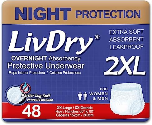 LivDry XXL Overnight Adult Diapers for Women and Men, Incontinence Underwear, XX-Large, 48-Pack