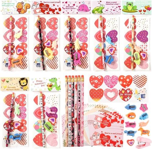 Valentines Day Gifts for Kids Classroom - 28 Packs Super Value Valentines Stationery Kit, Valentines Cards, Valentines Pencils, Erasers, Pen Sharpeners,Pen Holders,Valentine Exchange Party Favors Toys