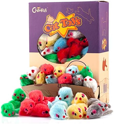 CHIWAVA 60PCS 4.1'' Furry Cat Toy Mice Rattle Small Mouse Kitten Interactive Play Assorted Color