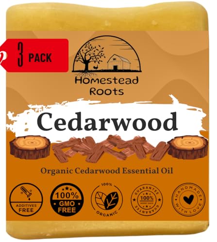 -Cedarwood- Grass-Fed Beef Tallow and Organic Oils - Scented with Organic Essential Oils - Artisanal Bar Soap - 3 Pack - Each Bar Unique-