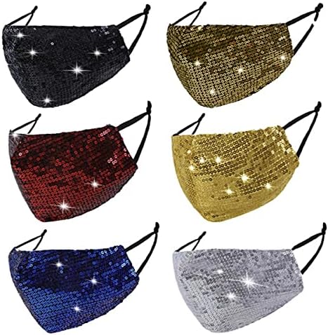 6 Pcs Washable Glitter Bling Women Face Mask. Breathable Reusable Adjustable Fashion Masquerade Facemasks With Pocket.