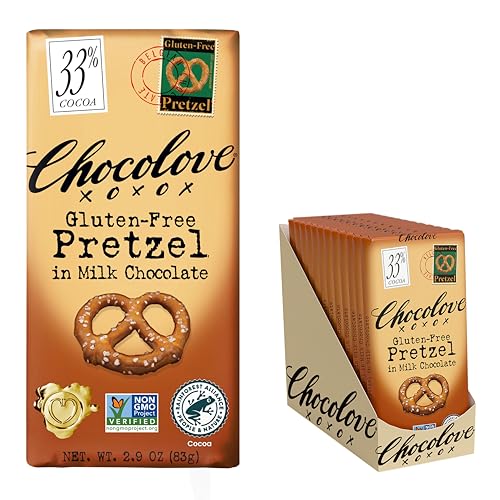 Chocolove Pretzel Milk Chocolate Bars | 33% Cocoa| Infused with Gluten-Free Pretzel Bits | Crafted with Silky Belgian Chocolate | Non GMO, Rainforest Alliance Certified, 3.2oz Bar (12 Pack)